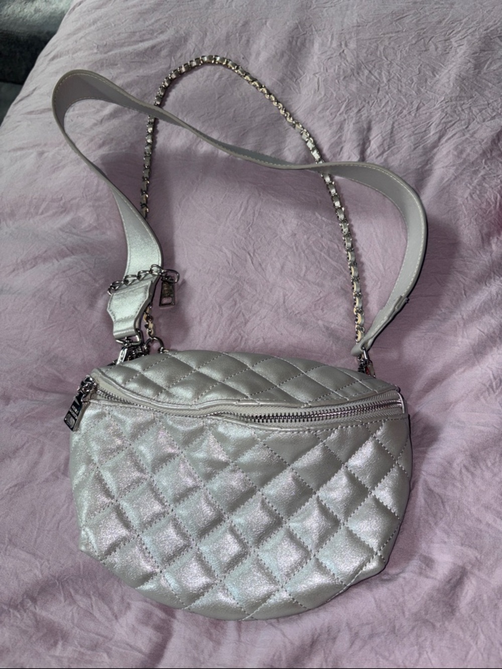 Steve Madden Quilted Metallic Silver Crossbody Bag with Chain Strap